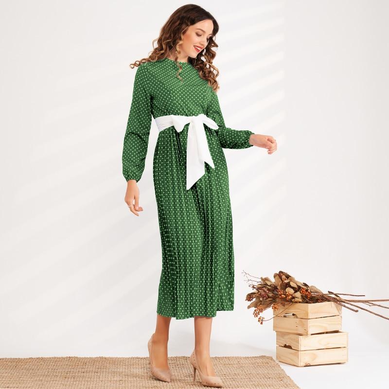 Summer New Fashion WomenRound Neck Polka Dot Waist Slimming Belt Long Pleated Lantern Sleeve Sweet and Versatile Dress