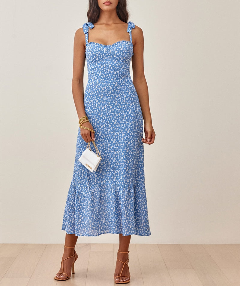 Elegant Ruffle Hem Floral Chiffon Midi Dress Neck Strap Tie Sexy Slip Dress
