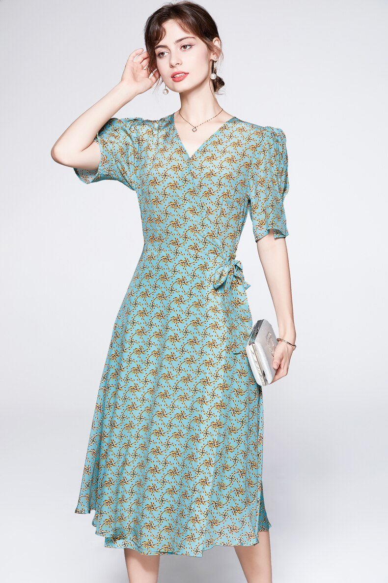 V Neck Short Sleeves Printed Lace Up Fashion Summer Dress