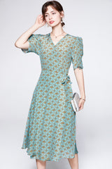 V Neck Short Sleeves Printed Lace Up Fashion Summer Dress