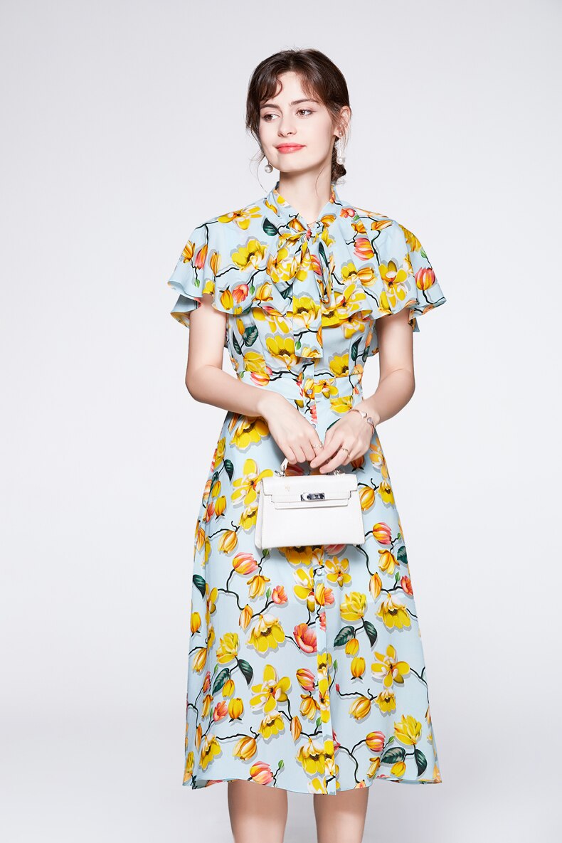 Lace Up Bow Collar Ruffles Printed Cape Sleeves Elegant Holiday Dress