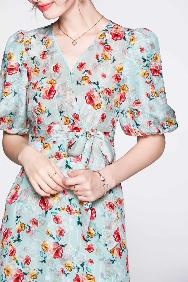 V Neck Short Sleeves Printed Sash Belt Fashion Summer Dress