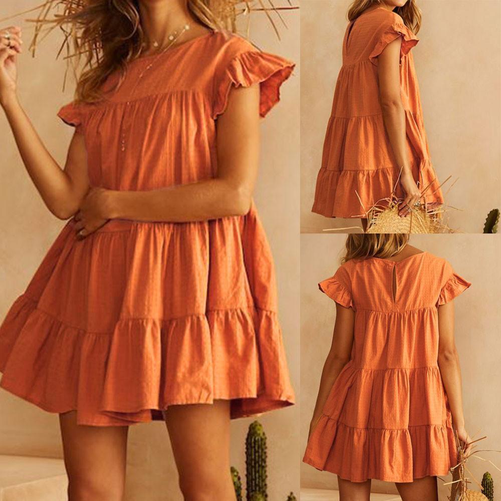 Casual Ruffle O Neck Short Sleeve Dress