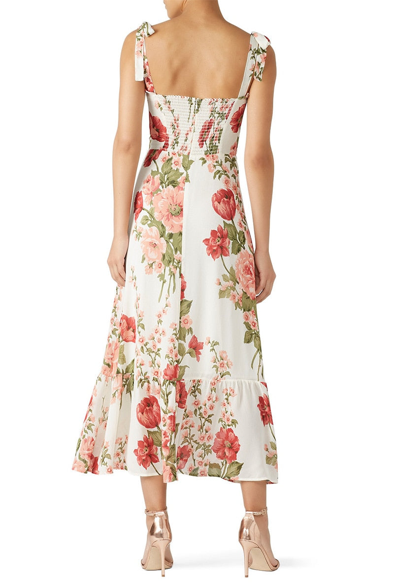 Print Beach Dress Sweetheart Neck Strap Elegant Vintage Chiffon Midi Dress