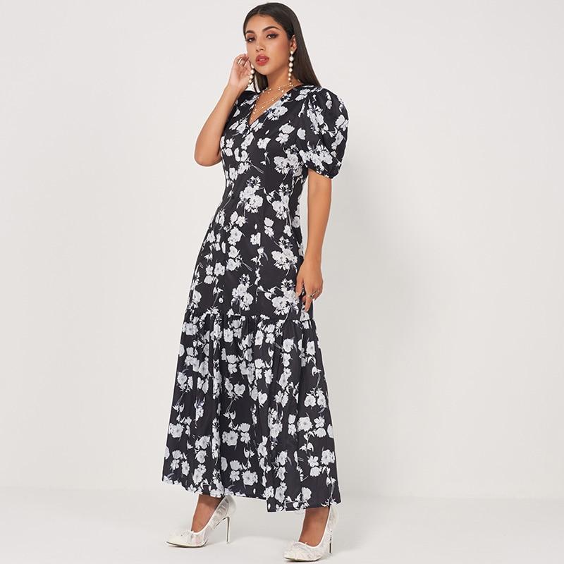 Summer New Fashion WomenRetro Long Waist Fishtail Slim-fit V-neck Lantern Sleeves Banquet Floral Sweet Dress