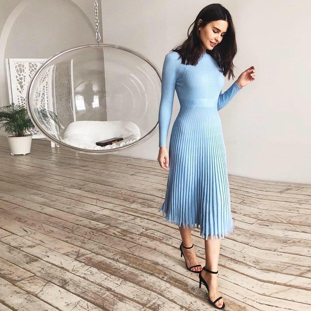 Knitted Long Dress Autumn Winter Slim Sleeve Ladies Dresses