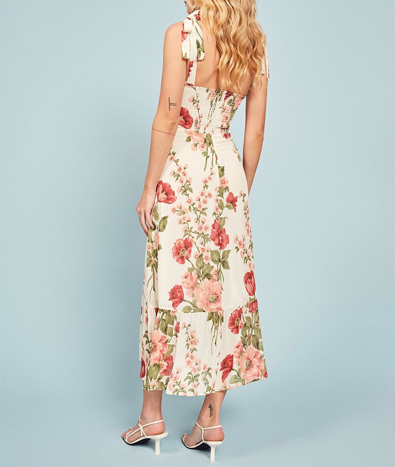 Print Beach Dress Sweetheart Neck Strap Elegant Vintage Chiffon Midi Dress