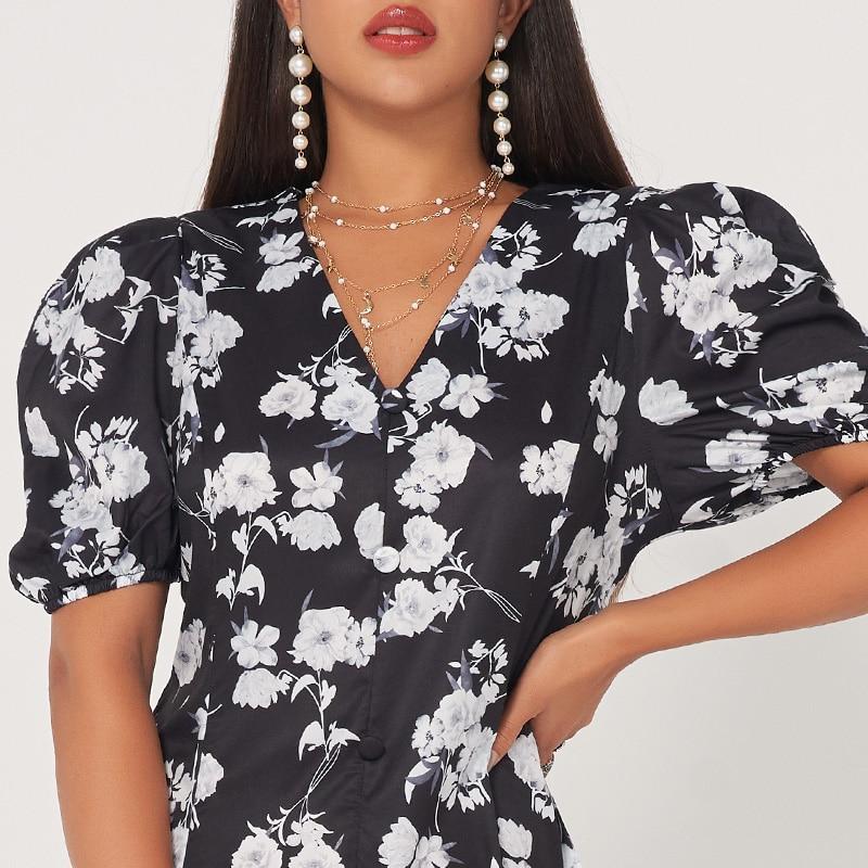 Summer New Fashion WomenRetro Long Waist Fishtail Slim-fit V-neck Lantern Sleeves Banquet Floral Sweet Dress