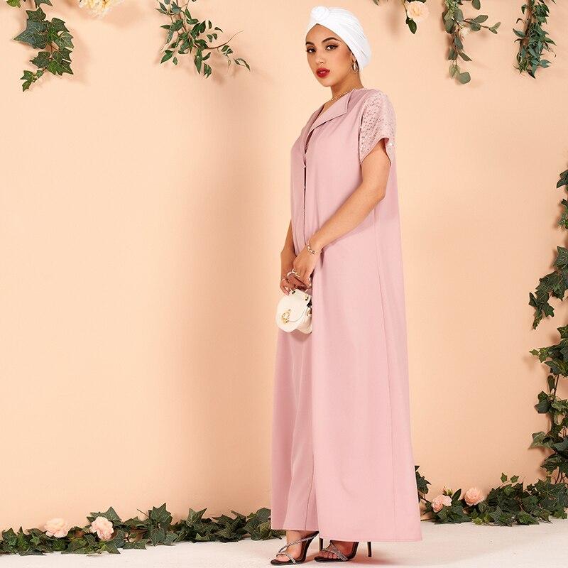 Summer Ladies Fashion Lapel Sequin Stitching Loose and Elegant Thin Arabian Powder Dress Long Dress (without Headscarf)