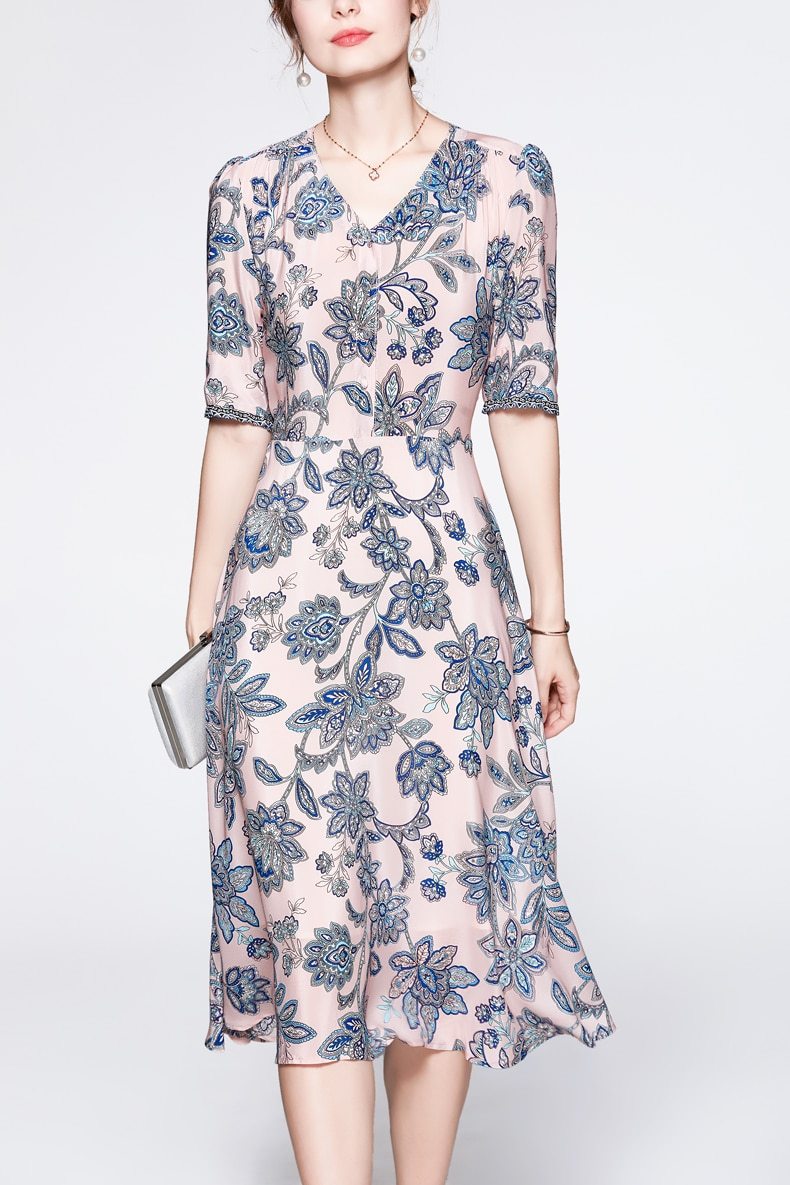 V Neck Short Sleeves Printed Ruched Fashion Summer Dress
