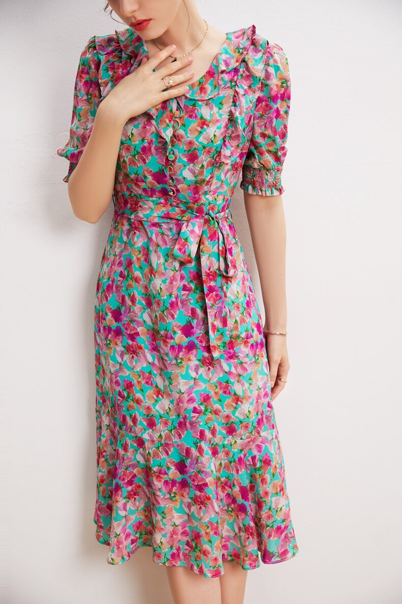 V Neck Short Sleeves Ruffles Sash Belt Printed Fashion Summer Dress