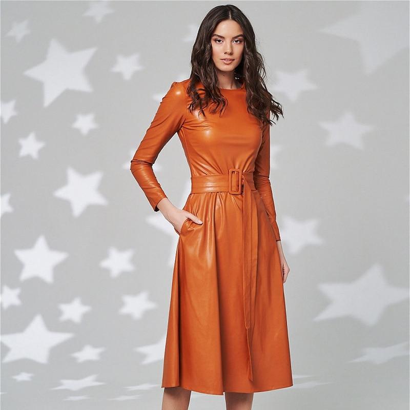 Fit And Flare Winter Dress a Line Pockets Pu Leather Midi Dress