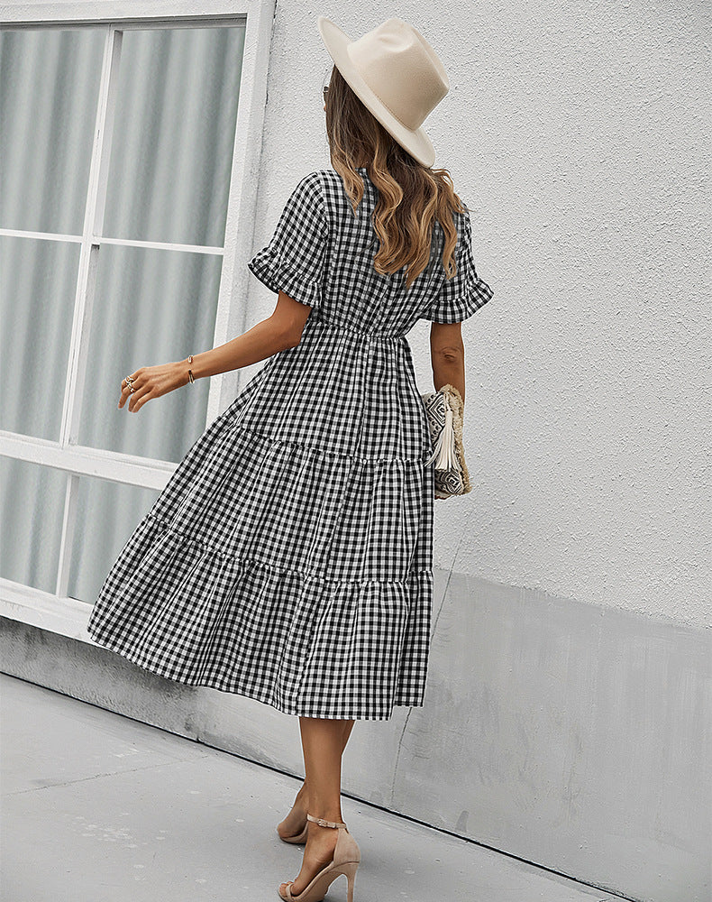 Vintage Plaid Slim Ruffles High Waist Midi Sundress