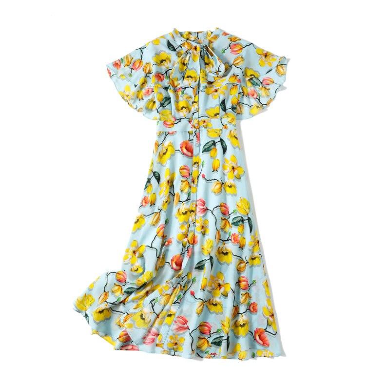 Lace Up Bow Collar Ruffles Printed Cape Sleeves Elegant Holiday Dress