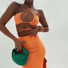 Bandage Cut Out Sexy Halter Neck Top and Skirts Set