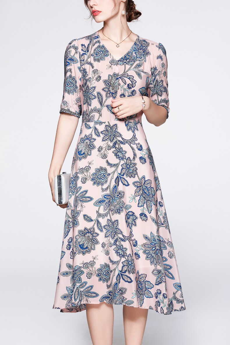 V Neck Short Sleeves Printed Ruched Fashion Summer Dress