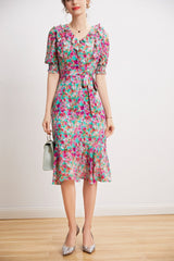 V Neck Short Sleeves Ruffles Sash Belt Printed Fashion Summer Dress