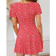 V-Neck High Waist Slim Fit Flared A-Line Mini Dress