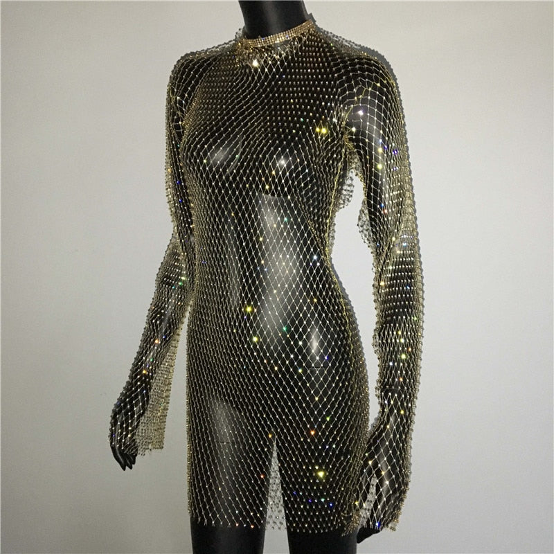 Bling Rhinestones Fishnet Mini Dress Sexy Long Sleeve Crystal Dress