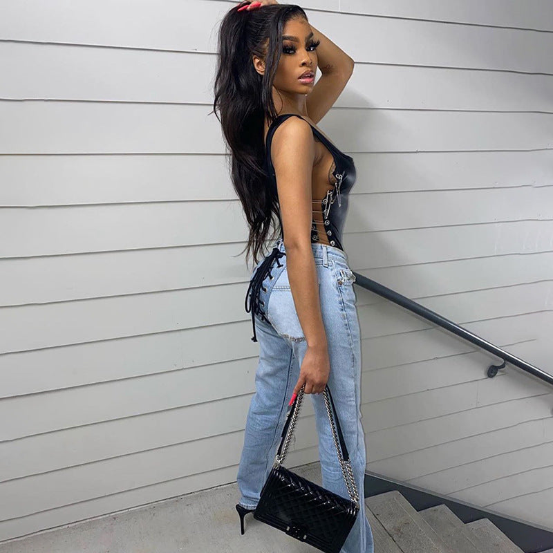 Street Fashion Fitness Trousers Hip Bandage Lace Up Vintage Pants