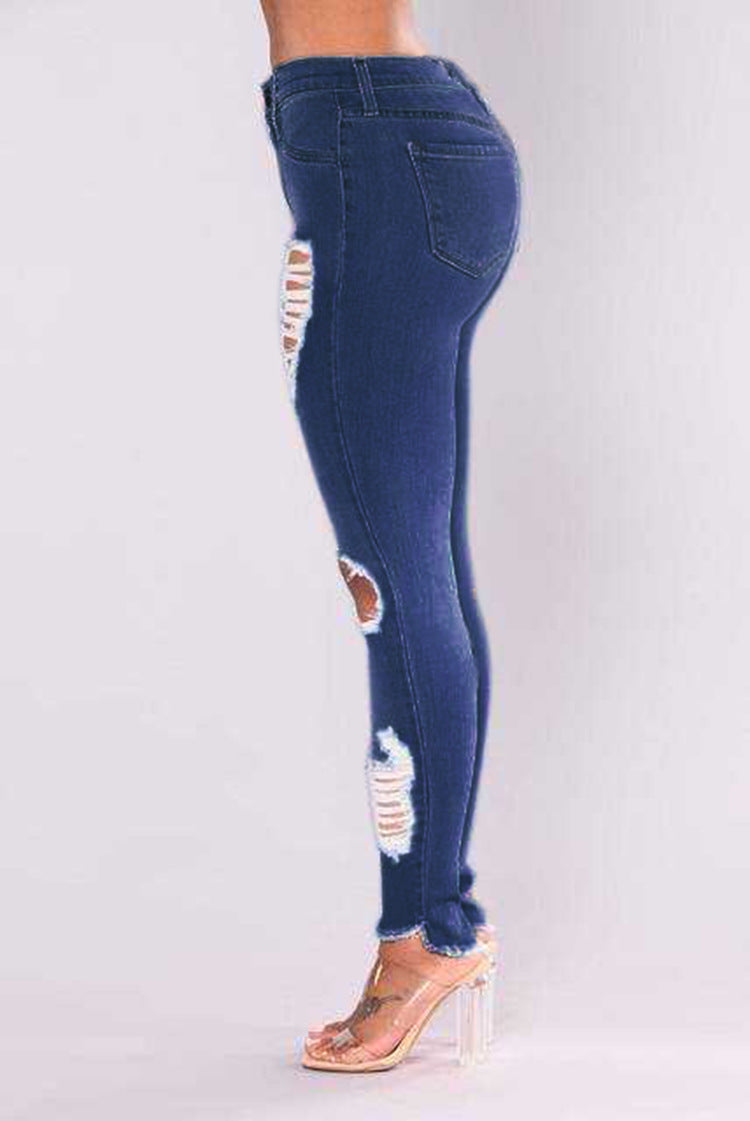 WomenJeans European and American Stretch Cotton Holes Pencil Feet Pants High Waisted Jeans