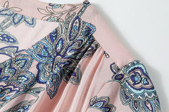 V Neck Short Sleeves Printed Ruched Fashion Summer Dress