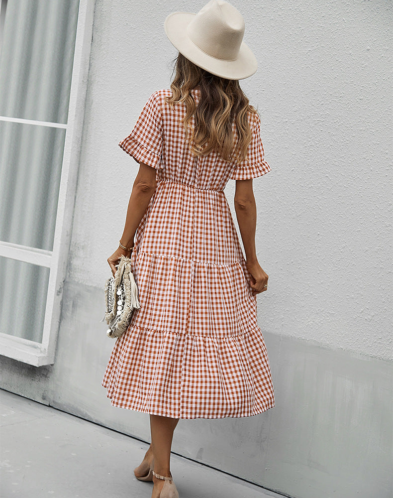 Vintage Plaid Slim Ruffles High Waist Midi Sundress