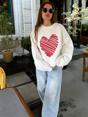 Heart Pattern Embroidery Knitted Jumper Round Neck Long Sleeve Loose Sweater