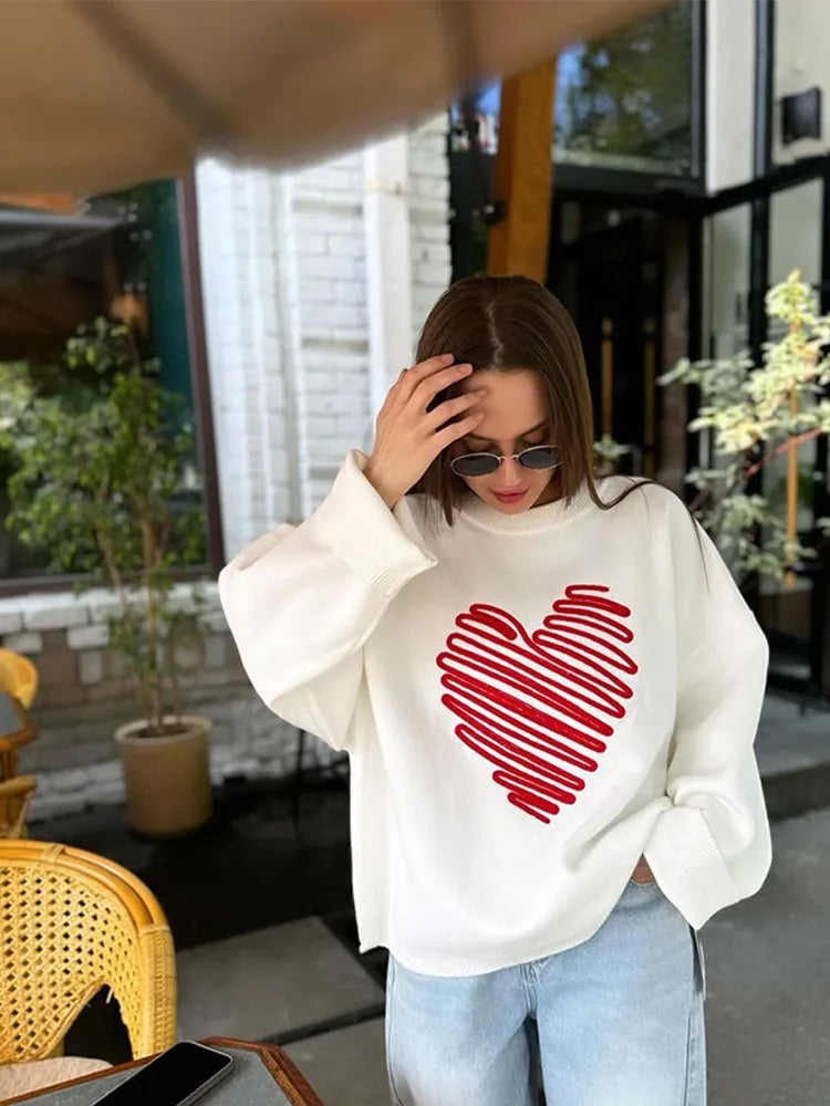 Heart Pattern Embroidery Knitted Jumper Round Neck Long Sleeve Loose Sweater