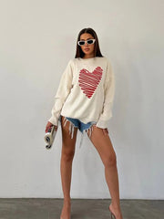 Heart Pattern Embroidery Knitted Jumper Round Neck Long Sleeve Loose Sweater