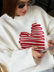 Heart Pattern Embroidery Knitted Jumper Round Neck Long Sleeve Loose Sweater