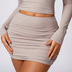 Hearuisavy Folds Knitting Hight Waist Package Hips Skirts Female Sports Short
