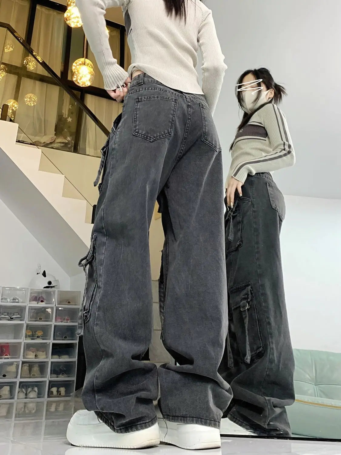 Washed Multi-pocket Cargo Pants Dark Grey Personality High Waisted Pants