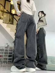 Washed Multi-pocket Cargo Pants Dark Grey Personality High Waisted Pants