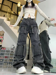 Washed Multi-pocket Cargo Pants Dark Grey Personality High Waisted Pants