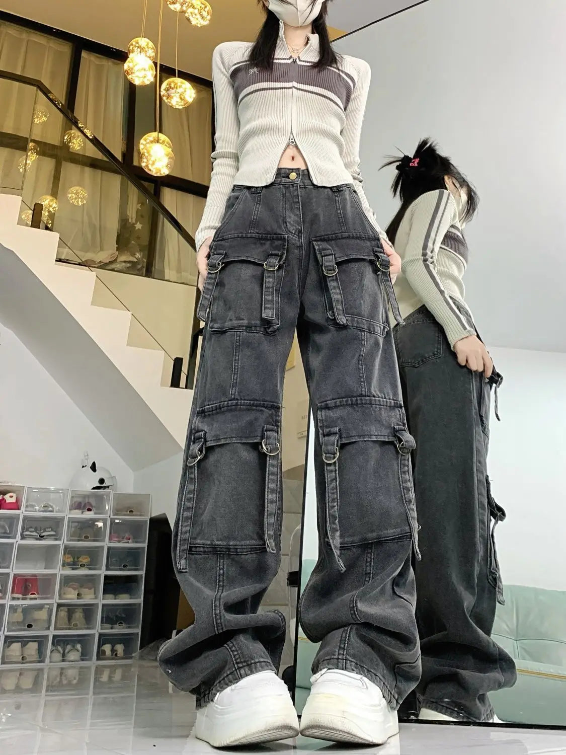Washed Multi-pocket Cargo Pants Dark Grey Personality High Waisted Pants