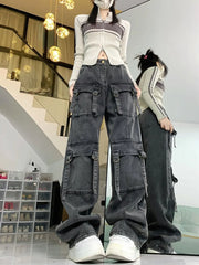 Washed Multi-pocket Cargo Pants Dark Grey Personality High Waisted Pants