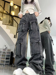 Washed Multi-pocket Cargo Pants Dark Grey Personality High Waisted Pants