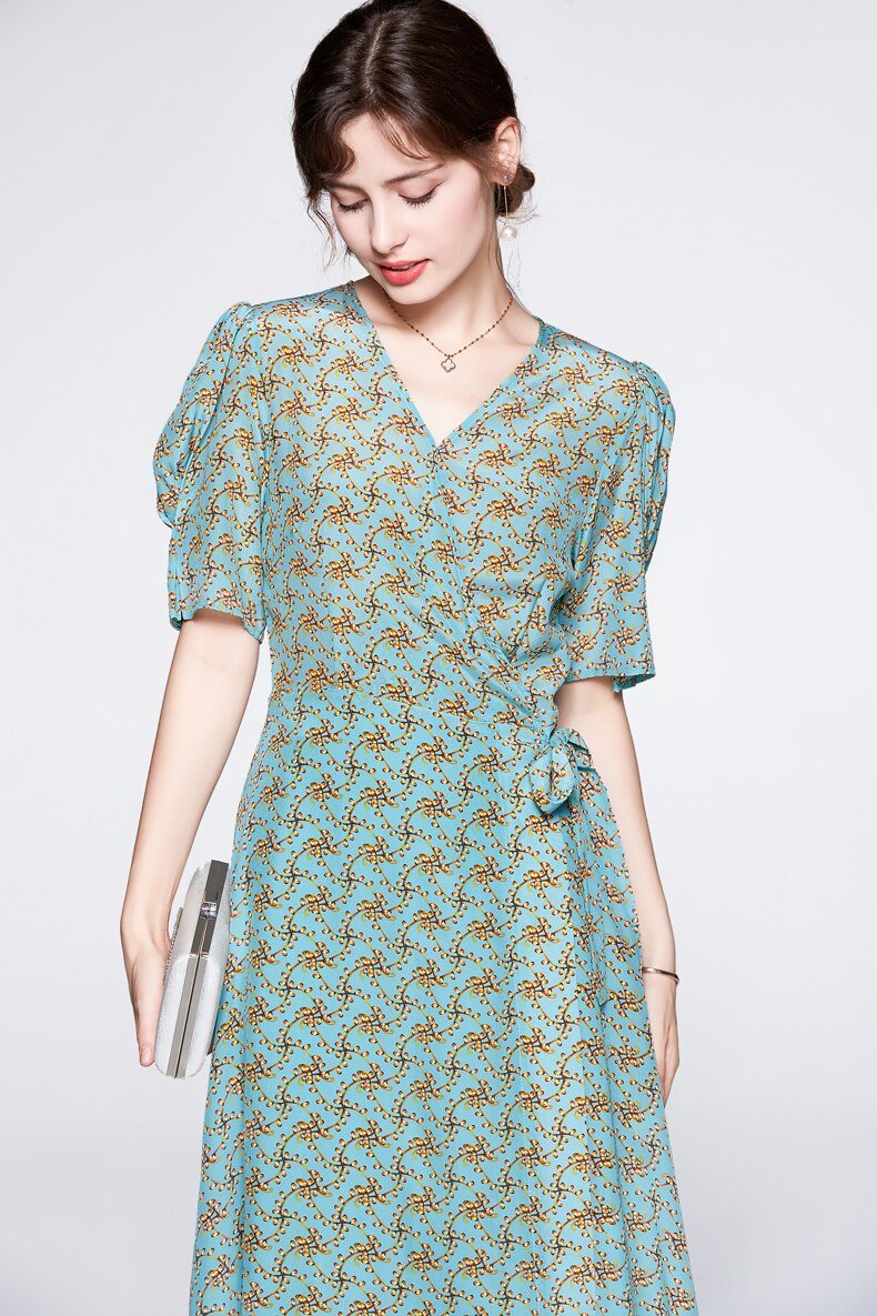 V Neck Short Sleeves Printed Lace Up Fashion Summer Dress
