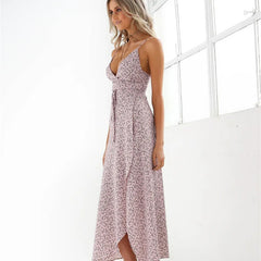 Floral Print Spaghetti Strap Sexy Split Maxi Boho Dress