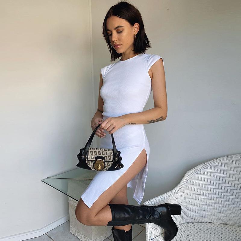 Woman Fashion Ribbed Short Sleeve High Slit Bodycon Dress