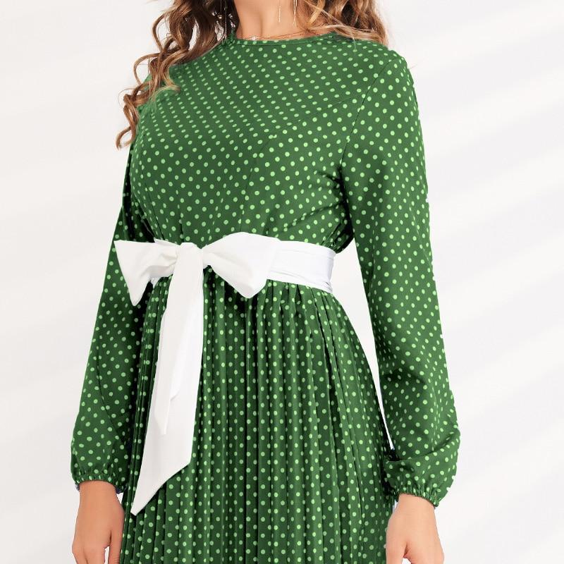 Summer New Fashion WomenRound Neck Polka Dot Waist Slimming Belt Long Pleated Lantern Sleeve Sweet and Versatile Dress