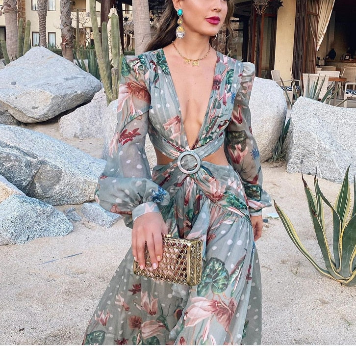 Long Sleeved Ruffles Deep V Neck Long Beach Prom Dresses