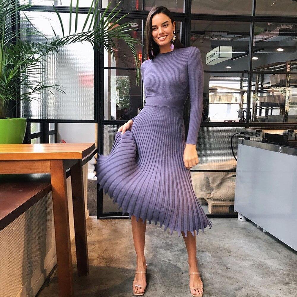 Knitted Long Dress Autumn Winter Slim Sleeve Ladies Dresses