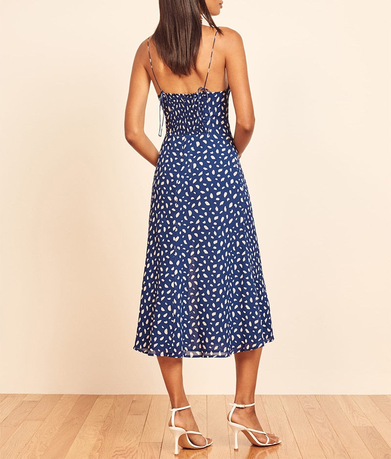 Neck Sleeveless Print Chiffon Midi Dress Strap Side High Slit Sexy Dress