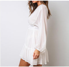 V Neck WomenSpring Summer Dress Lace Long Sleeve Mini Party Dress