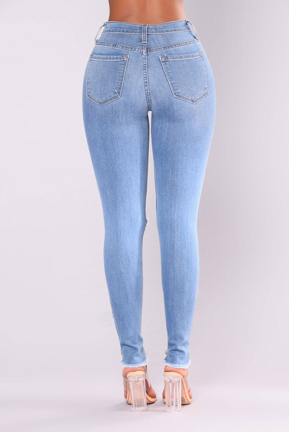 WomenJeans European and American Stretch Cotton Holes Pencil Feet Pants High Waisted Jeans