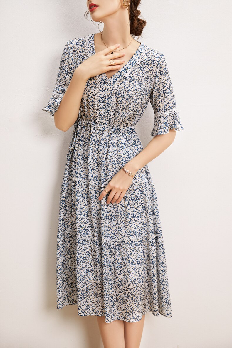 V Neck Short Sleeves Ruffles Floral Printed Holiday Dress