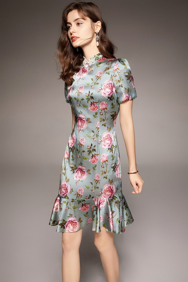 Vintage Stand Collar Short Sleeves Floral Printed Ruffles Elegant Dress Vestidos