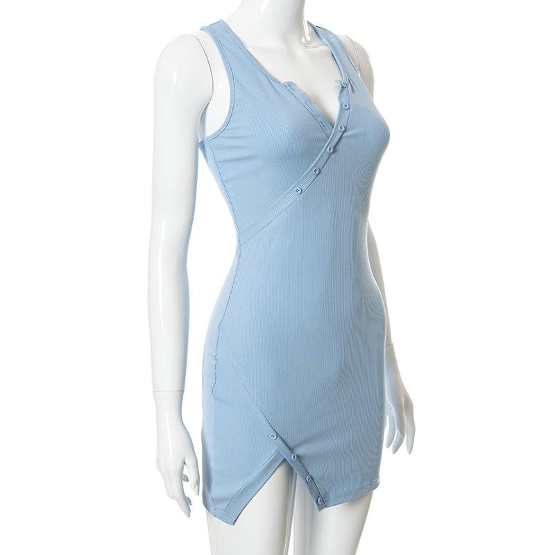 Split Button Sleeveless V Neck Bodycon Mini Dress